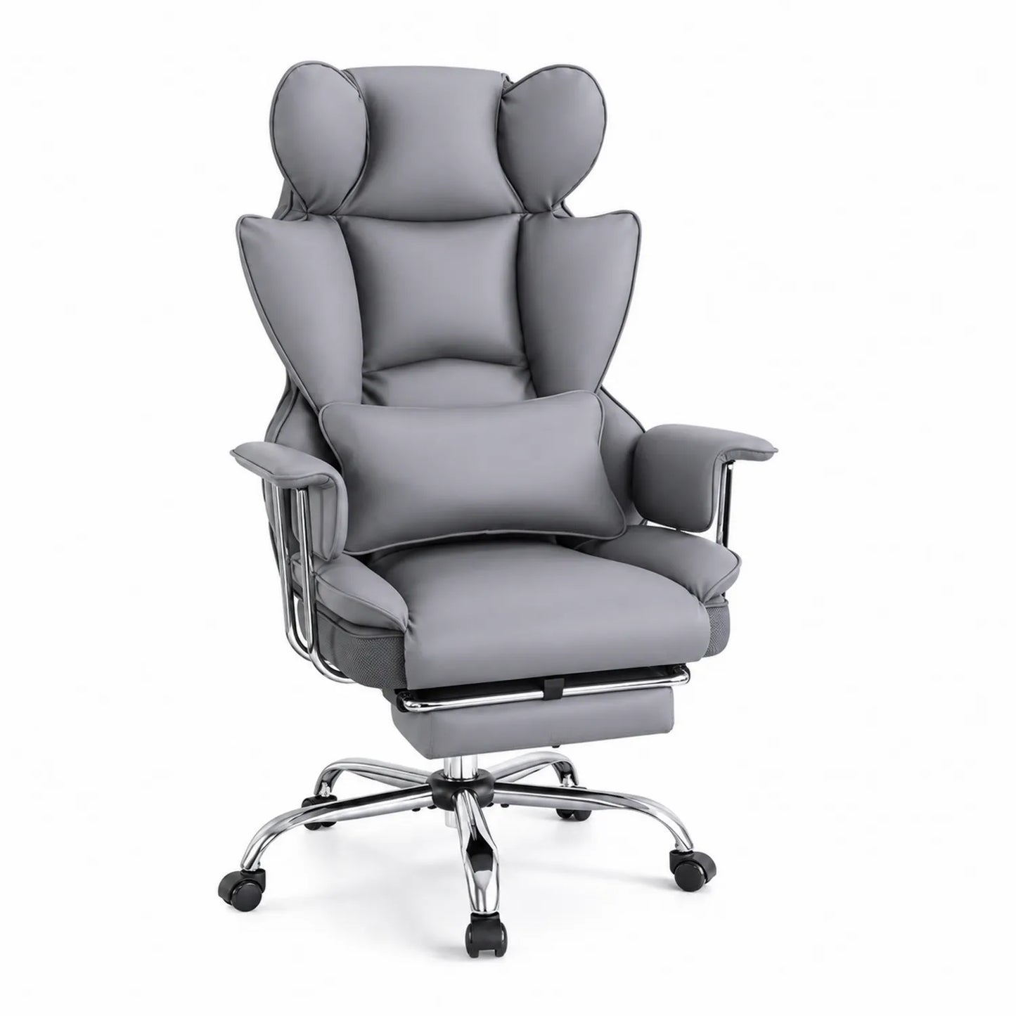 Chaise de Bureau en Cuir Synthétique Gris avec Repose-Pieds et Structure Métallique