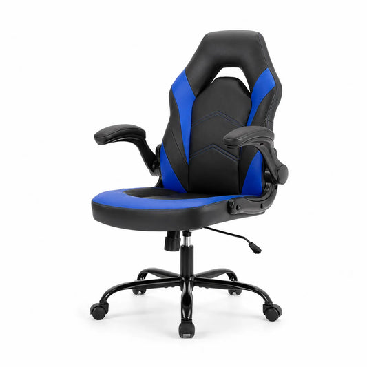 Chaise de Bureau Ergonomique en Cuir Synthétique Bleu et Noir