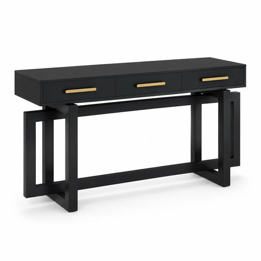 Console noire en bois et métal avec tiroirs