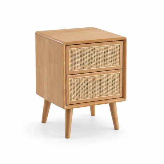 Table de chevet en bois et rotin avec 2 tiroirs 40x35x55 cm