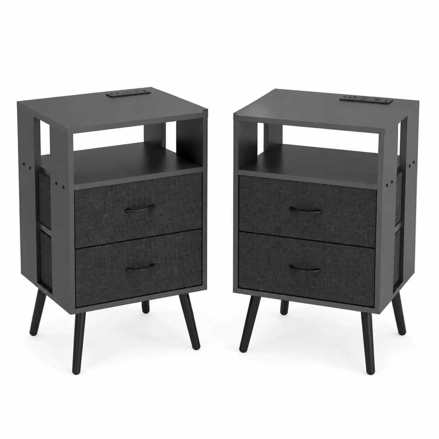 Lot de 2 tables de chevet en bois avec tiroirs en tissu Gris Foncé