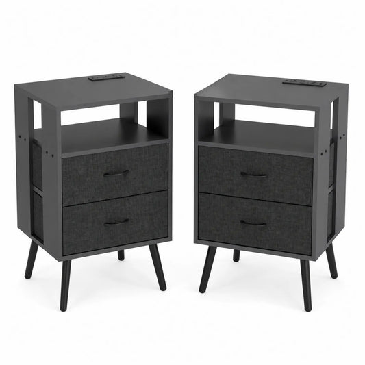 Lot de 2 tables de chevet en bois avec tiroirs en tissu Gris Foncé