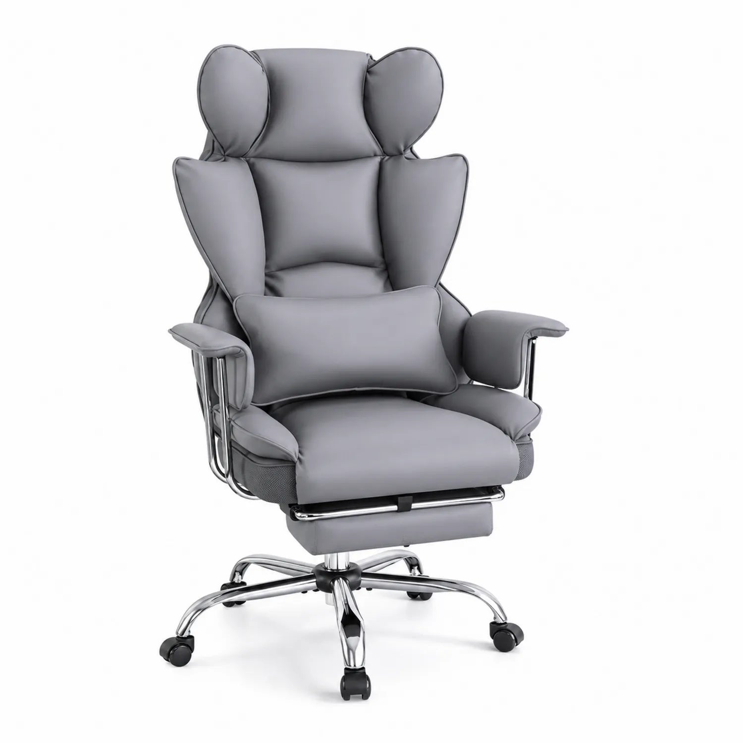 Chaise de Bureau en Cuir Synthétique Gris avec Repose-Pieds et Structure Métallique