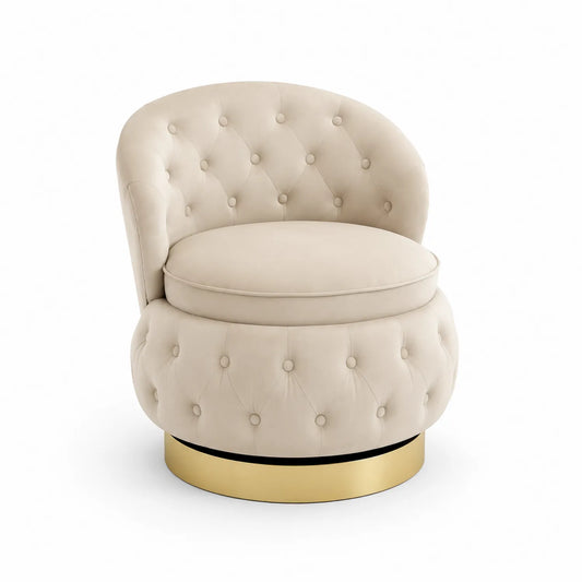 Fauteuil en velours beige avec base en métal doré
