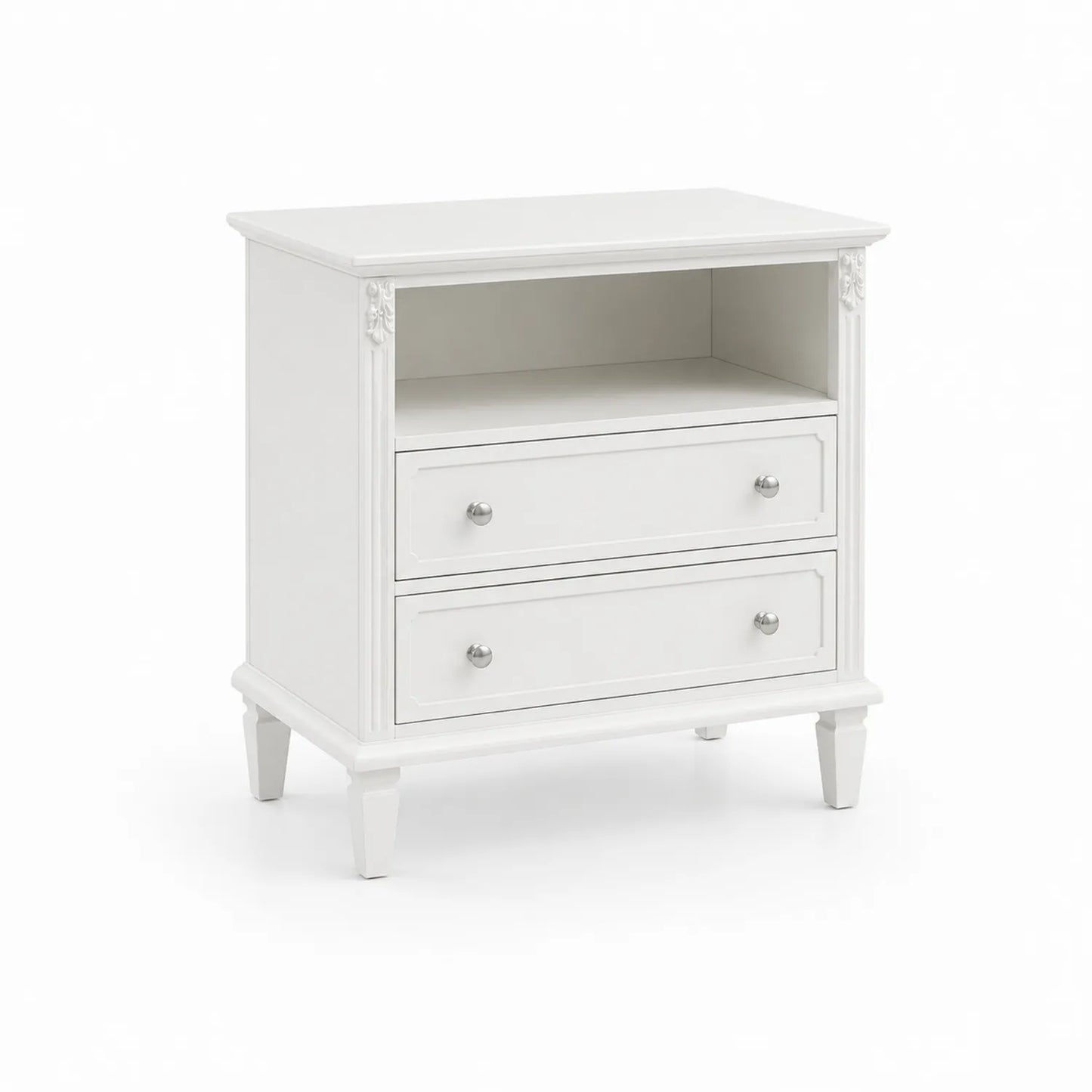 Table de chevet en bois blanc avec 2 tiroirs et espace ouvert